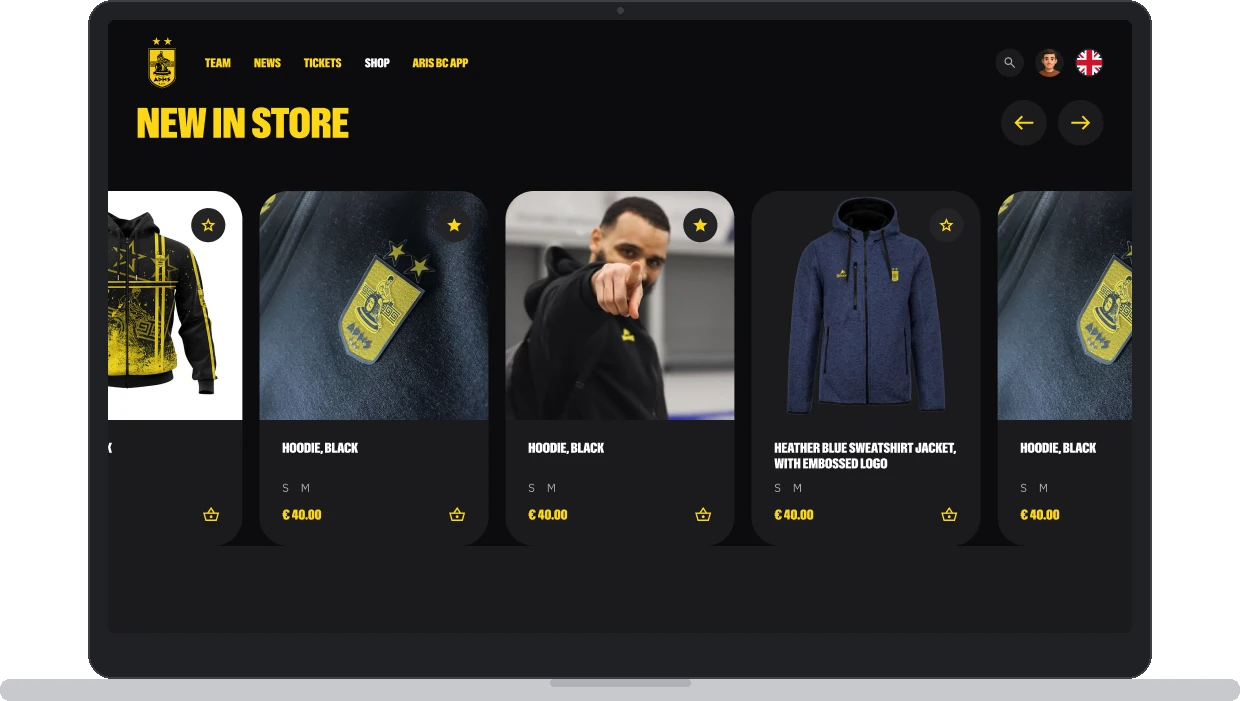 ARIS BC online club store with product cards, sizes and prices