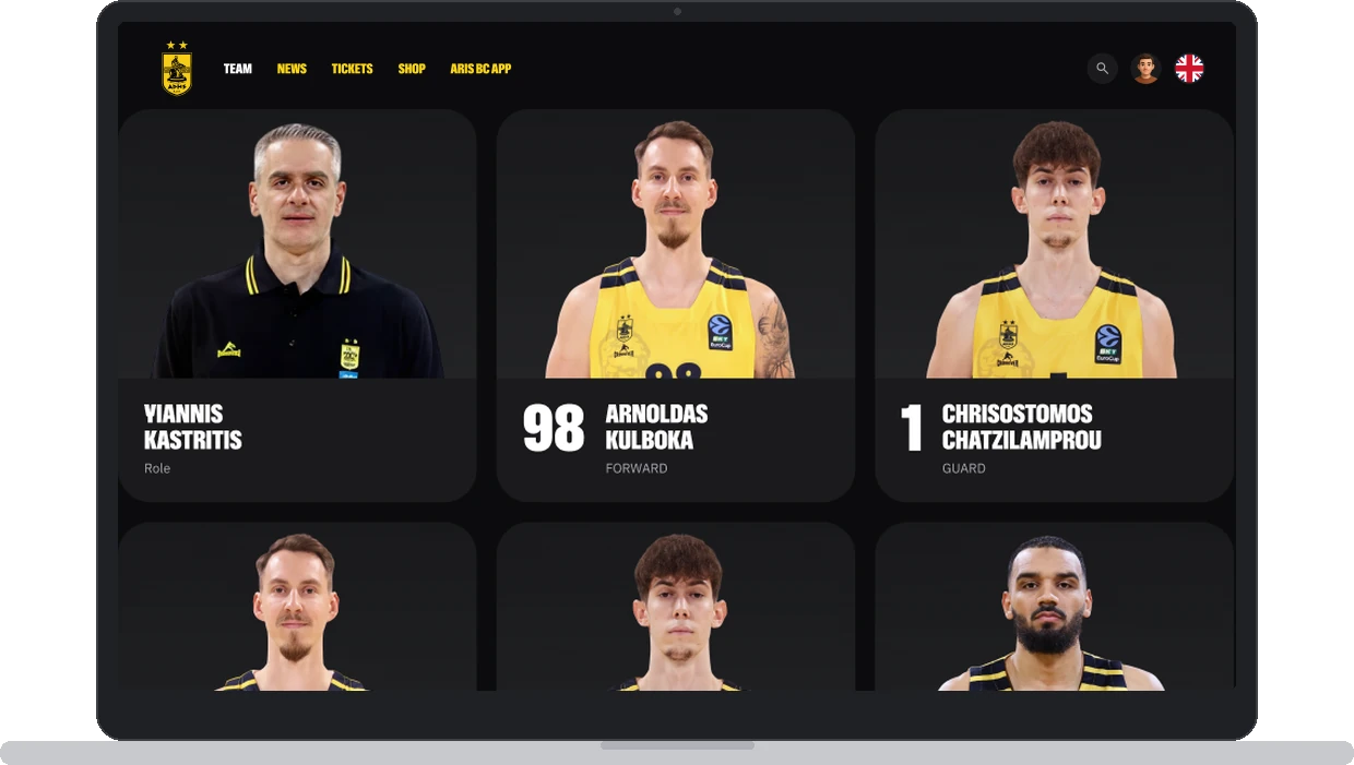 ARIS BC club website team roster page with player cards, numbers and positions