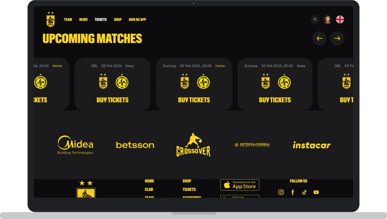 ARIS BC club website ticketing page with upcoming matches and buy-tickets buttons