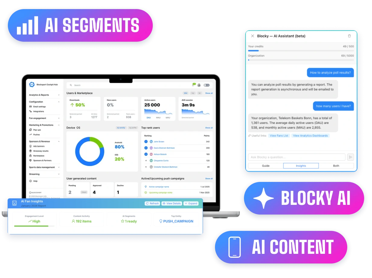 Blocksport AI features — Cockpit Hub analytics, AI fan insights report and the Blocky AI assistant