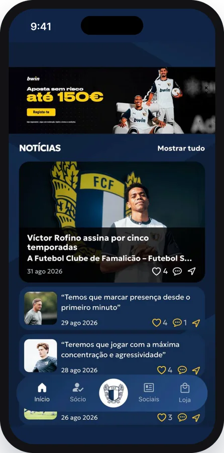 bwin welcome-offer banner in the FC Famalicão app news feed