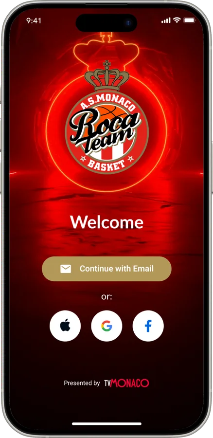 Welcome screen presented by TV Monaco in the AS Monaco Basket app