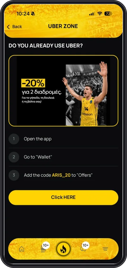 Uber partner zone with a fan discount code in the ARIS BC app