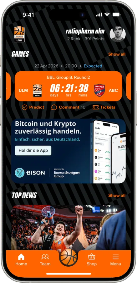 BISON crypto banner in the ratiopharm ulm app feed
