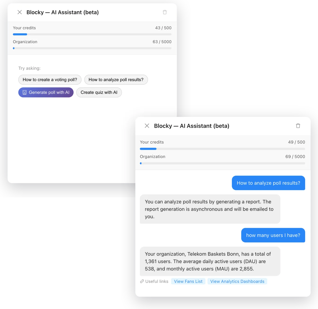 Blocky AI assistant generating a poll and answering audience questions in Cockpit Hub